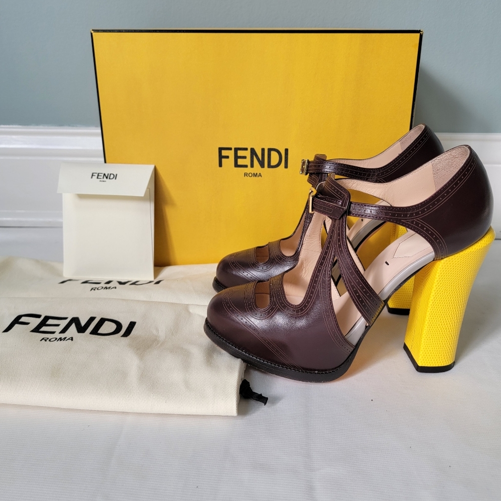 FENDI Chameleon Brown Leather Yellow Heel Mary Jane Platform Shoes - Picture 5 of 9